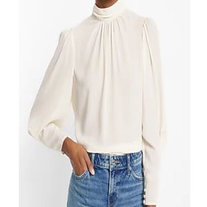 Express Gathered Mock Neck Long Sleeve Open Back Top